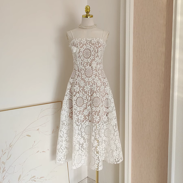 A Line Spaghetti Straps Tulle Lace White Women's Holiday Birthday Dresses SD227